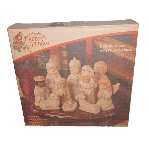 VTG Kirkland's Potter's Garden Nativity Scene Ceramic 10 Piece Set + Wood Base - Picture 4 of 5